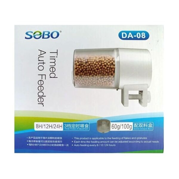 SOBO DA-08 Automatic Fish Feeder | Auto Fish Food Dispensers for Aquarium Tank | Adjustable Feeding Intervals (8H/12H/24H) | 60g & 100g Snack Box | Large Capacity (Batteries Not Included)