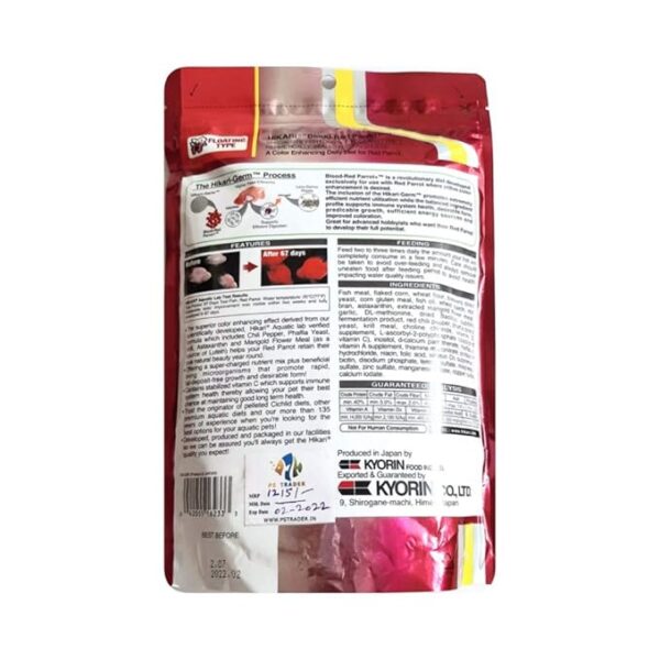 HIKARI GERM PROCESS- Blood-Red Parrot+ is a revolutionary diet developed exclusively for use with Red Parrot where active color enhancement is desired. The inclusion of the Hikari Germ ª promotes extremely efficient nutrient utilization while the balanced ingredient profile supports a healthy immune system, desirable form, predicable growth, sufficient energy sources and improved coloration. Great for advanced hobbyists who want their Red Parrot to develop to their full potential. Hikari Aquatic Lab Test results- Test Period: 67 days Test Fish: Red Parrot Water temperature: 25 ¡C (77 ¡F) Noticeable color improvement was visible within two weeks and fully developed in 67 days. - Image 3