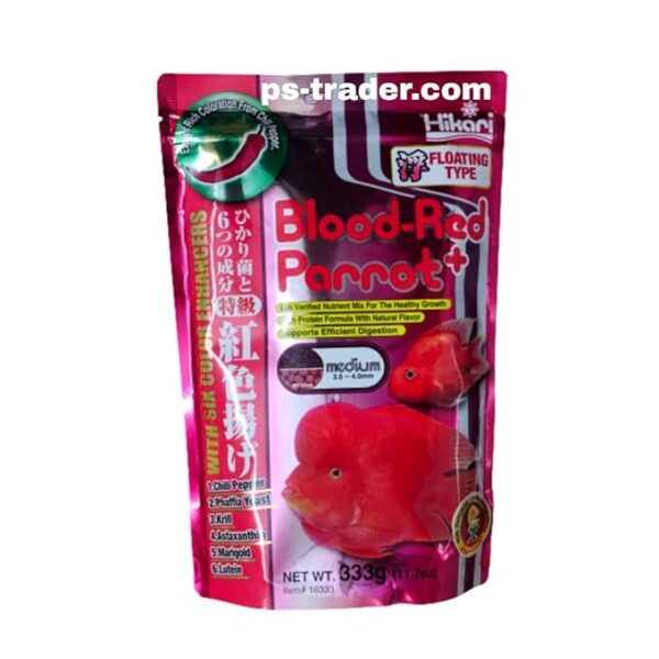 HIKARI GERM PROCESS- Blood-Red Parrot+ is a revolutionary diet developed exclusively for use with Red Parrot where active color enhancement is desired. The inclusion of the Hikari Germ ª promotes extremely efficient nutrient utilization while the balanced ingredient profile supports a healthy immune system, desirable form, predicable growth, sufficient energy sources and improved coloration. Great for advanced hobbyists who want their Red Parrot to develop to their full potential. Hikari Aquatic Lab Test results- Test Period: 67 days Test Fish: Red Parrot Water temperature: 25 ¡C (77 ¡F) Noticeable color improvement was visible within two weeks and fully developed in 67 days.