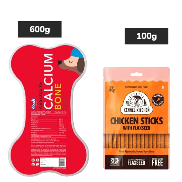 Drools Absolute Calcium Bones (Jar), Kennel Kitchen Chicken Flaxseed Stick Dogs Treat Combo